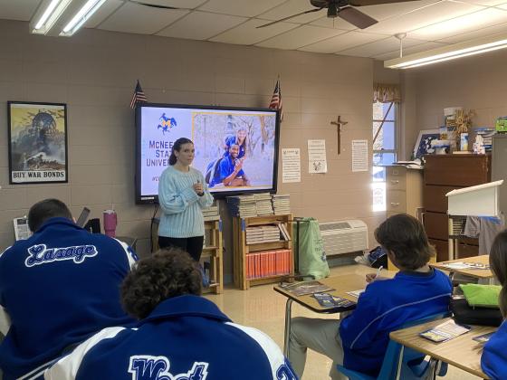 Madelyn Stark, admissions counselor with McNeese State University, talked to juniors at St. Edmund High. 