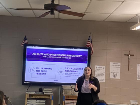 Alyssa Galloway, admissions counselor with LSU, spoke to St. Edmund High juniors on different topics.