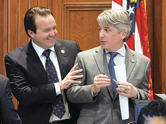 House Speaker Phillip DeVillier, R-Eunice, left, jokes with President of the Senate Cameron Henry, R-Metairie, on opening day of the regular legislative session, Monday, at the Louisiana State Capitol in Baton Rouge. (Photos by Hilary Scheinuk/The Advocate Pool)