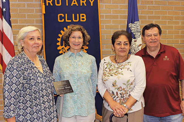 Celeste Gomez, president of the Bulb & Blossom Garden Club, was the guest speaker Wednesday at the Eunice Rotary Club. Gomez introduced the club’s newest project, the Nature Trail Tree Marker Replacement project. From left, are Fran Guillory, chairman of the club’s beautification committee; Gomez, Donna Baltakis, vice president of the club and incoming president; and Ellis Daigle, President-Elect of the Eunice Rotary Club. (Photo by Myra Miller)