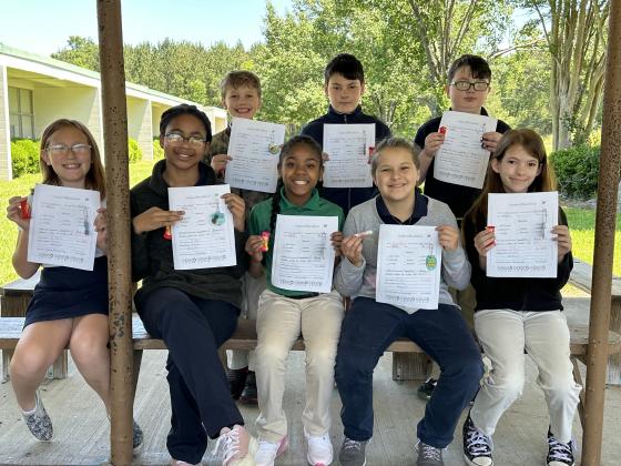 Fourth graders in Mayria Ledet’s homeroom has reached their iReady goal. Seated, in front, from left, are  Harlee Richard, Carliss Bellard, Zendaya Hunt, Zeyia Williams and Gabriella Fontenot. In back, from left are Blake Carrier, Zander Philiips and Bailey Hancock.