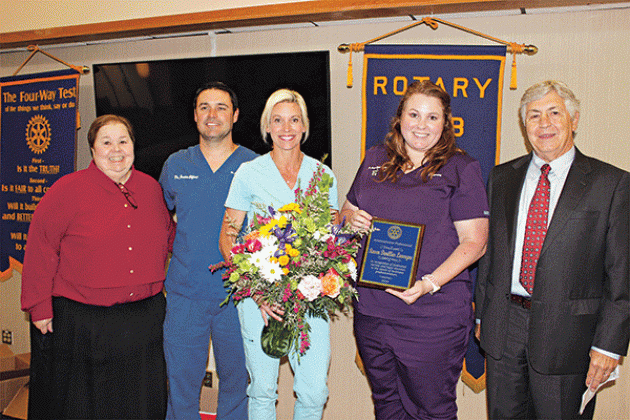 The Eunice Rotary Club sponsors an Administrative Professional each year, and the nominated and chosen recipient this year is Raven D. Lavergne, an administrative employee at Dr. Justin Elfert office in Eunice. From left, are Rotarian Pat Dossman, Dr. Justin Elfert, Jeanne Elfert, Lavergne, and Rotarian Jacque Pucheu. (Photo by Myra Miller)