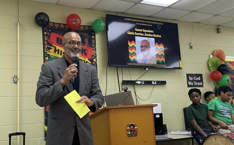 Central Middle School celebrated Black History Month on Feb. 23.  Chris Carrier, a Eunice native, was a guest speaker. His message to the middle school students was, “Failure is not final!” 