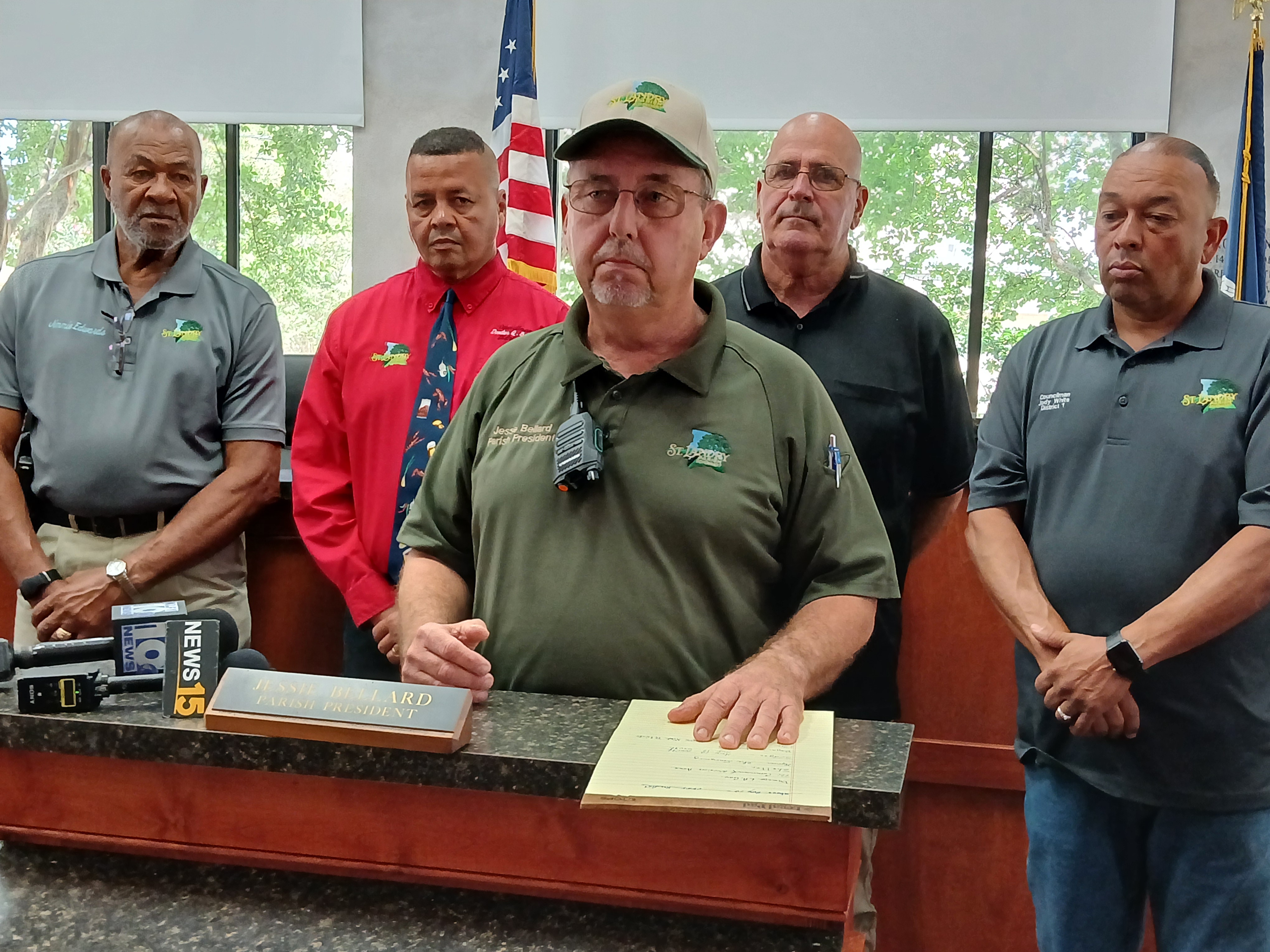 Parish president Jessie Bellard addresses press conference.