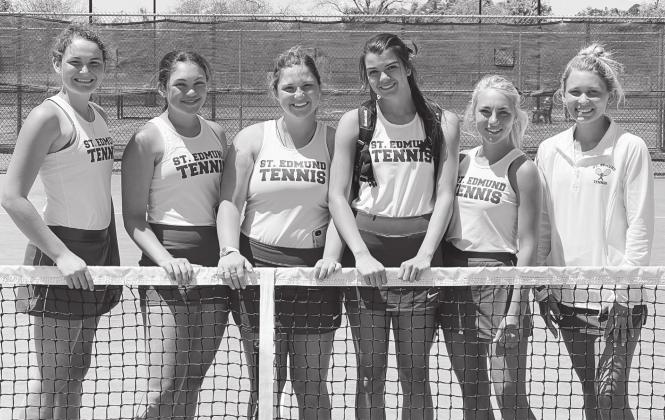 Three St. Edmund girls doubles teams qualified for the state tennis championships to be held in Monroe. From left, are Julia Zaunbrecher, Anna Fruge, Greta Miller, Savannah DeVillier, Tanzy Miller and Allie Lantz. Not shown is Susannah Summerlin who qualified in girls singles. (Submitted Photo)
