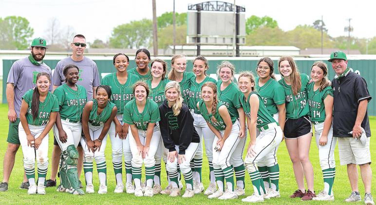 The Eunice High Lady Bobcats celebrate the 2021 District 4-4A softball co-championship. (Photo by Dwight Jodon)