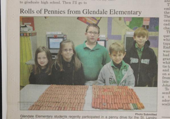 Rolls of Pennies from Glendale Elementary. Glendale Elementary students recently participated in a penny drive for the St. Landry Parish Veterans Memorial Park. The collection was held from August 10-December 10. Glendale announces that their students collected $160. Above, from left, are Ireney Broussard, Ragyn Daigle, Vincent Gaspard, Jayce Miller and Gaige Miller.