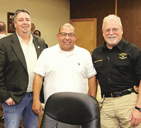Eunice Pollce Deputy Chief Tony Kennedy, center, was recognized on his retirement at Tuesday’s Board of Aldermen meeting. From left, are Mayor Scott Fontenot, Kennedy, and Police Chief Kyle LeBouef. (Photo by Harlan Kirgan)