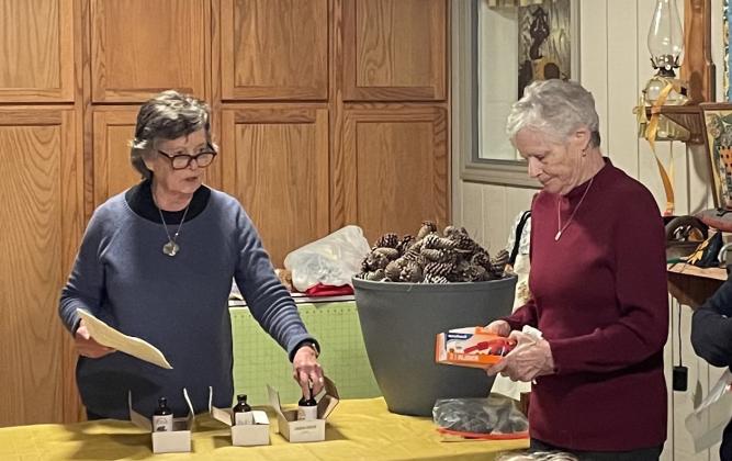 The Bulb and Blossom Club met in December at the home of Barbara Wells.  A Christmas social was held, and members created scented pine cones to use in their homes over the holidays.  Lynn Pavich explained the process of applying essential oils to the cones and then keeping them in plastic bags for two weeks to allow the oils to be absorbed. The cones could then be displayed in a decorative bowl, adding a Christmas scent to the room.  Pictured are December hosts Lynn Pavich, left, and Barbara Wells. (Submitt
