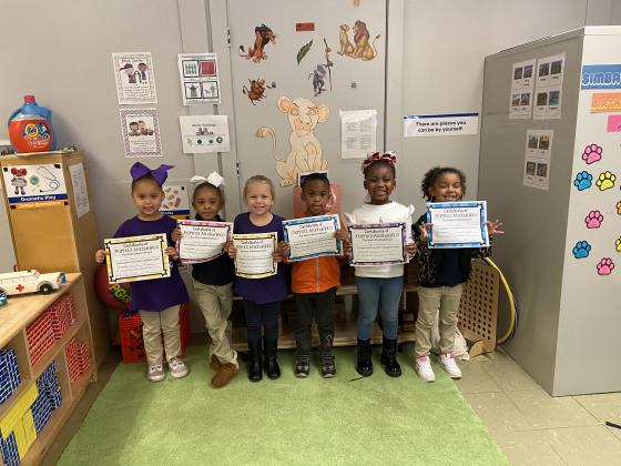 Receiving Perfect Attendance at Highland in Margo Guillory’s class are, from left, Ar’ Brewer, Rhy’lynn Jones, Paisley Shaw, Jeremias Angelle, Royalty Rideaux and Kinlee Gaspard.
