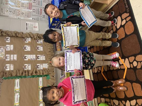 In Karla White’s class at Highland are Perfect Attendance students. From left, are Avalynn Gillard, Brielle Moore, Landon Cesar  and Kadence Dicks.