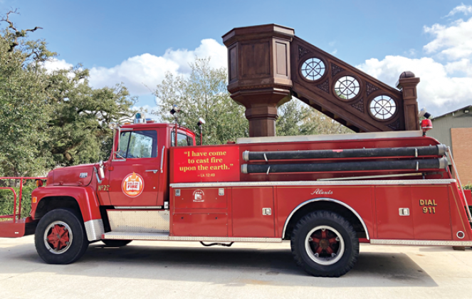 Fête-Dieu du Teche’s new Friar Truck which will be rolled out for the Bible Marathon. The retrofitted antique fire truck has been transformed into a mobile church with a built-in pulpit.