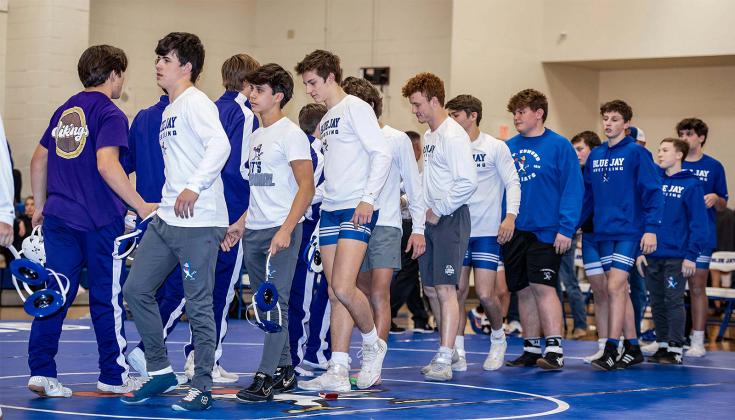 Blue Jay wrestlers and Opelousas Catholic Vikings after hosting a tri-dual, which included Rayne on Jan. 8. (Photo by Dwight Jodon)