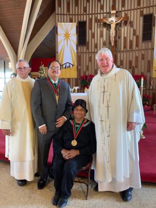St. Mathilda Catholic Church presented this year’s Martin Luther King Jr. Service awards to Joseph R. Bernard and Elizabeth R. Guillory. The past recipients of this prestigious award were also recognized at a Sunday Mass on Jan. 9. Many of the past recipients of the MLK Jr. Award present, received medals and were blessed by Fr. Hampton Davis. A reception followed in Bishop Caesar Church Hall. On Friday, Bernard and Guillory were presented and honored at St. John Cathedral, Diocese of Lafayette by Bishop Des