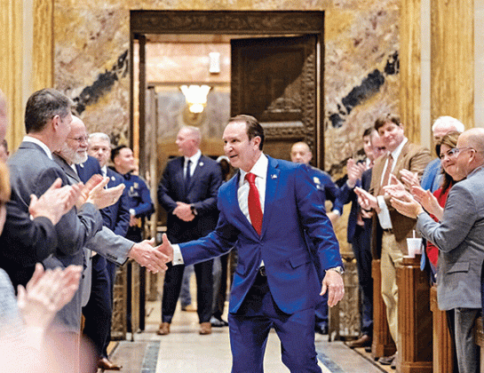 Gov. Jeff Landry shakes hands with Louisiana lawmakers while entering the State Capitol’s House chamber on Jan. 15, the first day of a special session on redistricting and election matters. (Michael Johnson/The Advocate, Pool)