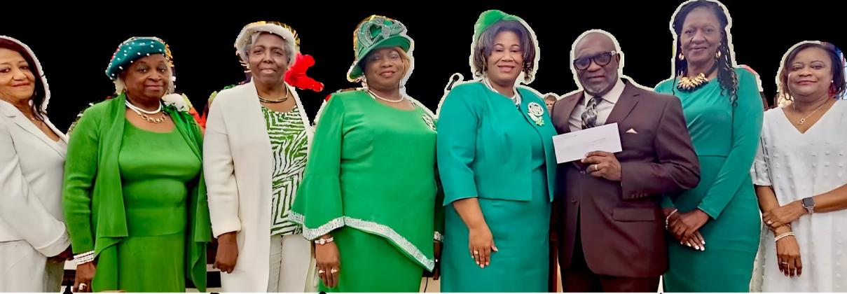A group of NAUW Eunice Branch members attended New Zion Missionary Baptist Church. From left are Gloria Malbrough, Lelia Adams, Carolyn Baldwin, Denise Antoine, President Shelsy Williams making presentation to the Rev. Allen Ben, Pastor of New Zion Church, Vice President Patricia Harrison and Angela N. Williams.  Not pictured is Henrietta Dupre. (Submitted photos)