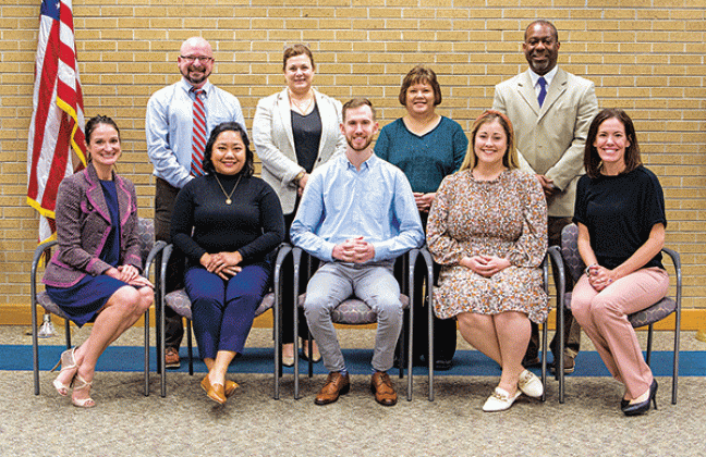 Front, from left, are Amy Broussard, Woman’s Foundation executive director; Eunice Hunter, scholarship recipient; Daniel Graham, scholarship recipient; Olivia Briolo, scholarship recipient; and Jamie Duval, Women’s Foundation president. Second row, from left, are Dr. Kyle Smith, LSUE dean of Student Affairs; Carey Lawson, LSUE Foundation executive director; Dr. Mae Simoneaux, LSUE director of Nursing; and Chad Jones, LSUE institutional liaison officer. Not pictured are scholarship recipients Minh Ho and Les