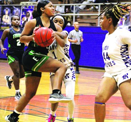 Eunice’s Keke Monday goes up for a layup in Friday’s loss to Rayne. Monday led the Lady Cats in scoring with eight points.