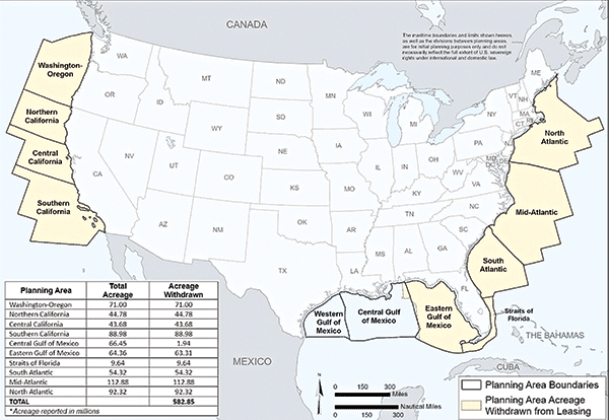 This map from the Bureau of Ocean Energy Management shows where President Biden’s executive orders restrict new offshore oil and gas drilling in federal waters in the Atlantic and Pacific oceans, the Gulf of Mexico and the Bering Sea. (Bureau of Ocean Energy Management.)