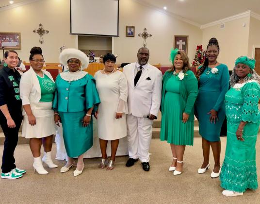 Eunice Branch NAUW members who celebrated a local Founders’ Day church service at Greater Live Oaks in Opelousas were LaJuana Jordan, left, Rochelle Milton, branch and church member;  Denise Antoine, the Rev. and Mrs. Jason (Sandra) Rubin, Shelsy Williams, branch president; Patricia Harrison, and Lelia Adams.