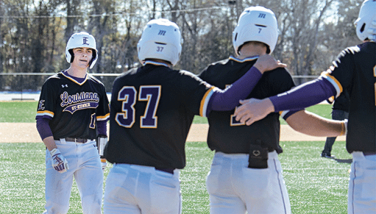 Aidan Mouton arrives at home plate to celebrate a grand slam vs. North Lake College. (LSUE photo)