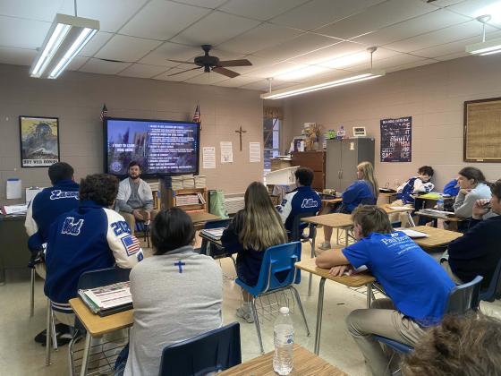 Kole Grouvillia, enrollment services specialist at UL of Monroe, presented to St. Edmund High juniors some valuable and information information about the campus.