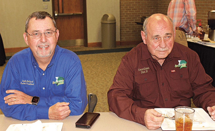 St. Landry Parish President Jessie Bellard, left, and Parish Council member Ernest Blanchard, of Eunice, at Wednesday’s Eunice Rotary Club meeting at LSUE. (Photo by Myra Miller)