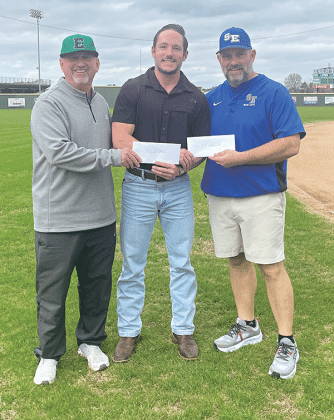 Eunice High and St. Edmund baseball head coaches Scott Phillips and Nick Trosclair are pictured with Perry Pitre Ford’s Perry Pitre as the schools prepare to co-host Saturday’s Perry Pitre Ford Jamboree at their home baseball fields. (Photo by Casey Charlie)