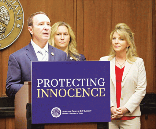 Louisiana Attorney General Jeff Landry, left, has called for legislation to restrict what children and teens  can check out from public libraries. State Rep. Julie Emerson, center, and Sen. Health Cloud will carry bills to achieve those objectives in the regular session that starts April 10. (Photo by Remi Tallo/Louisiana Illuminator)