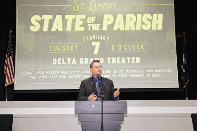 St. Landry President Jessie Bellard presents the State of the Parish program Tuesday at the Delta Grand Theatre. (Photos by Harlan Kirgan)