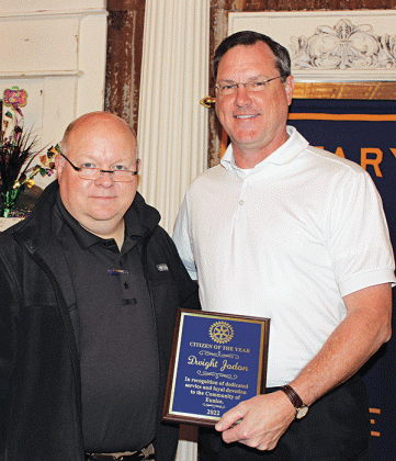 Dwight Jodon, right, was presented the Eunice Rotary Club’s Citizen of the Year Award on Wednesday. Rotarian Van Reed made the presentation. (Photo by Myra Miller)