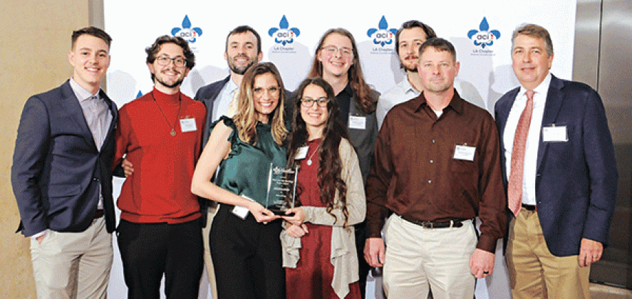 UL Lafayette students’ “House of Cards” artist’s retreat was recently recognized with two awards during a Louisiana Chapter of the American Concrete Institute awards ceremony in New Orleans. Attending the event were, from left to right, students Hunter Darby, Samuel Pierce, David Nelson, Lexi Palumbo, Lindsey Authement, Matthew Dufrene, Christian Willis, Jason Funderburgh, and architecture professor Geoff Gjertson. Submitted photo
