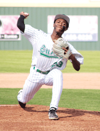 Sophomore pitcher Malik Thomas worked all three innings in Eunice’s 6-1 win over Glenmora in the first game of two for the Bobcats in Saturday’s Perry Pitre Ford Jamboree. (Photo by Rhett Manuel)