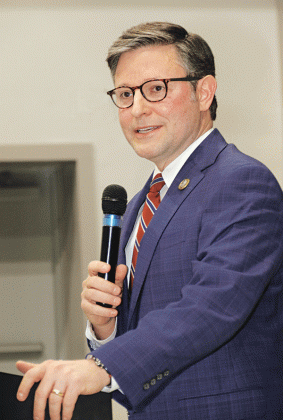 U.S. Rep. Mike Johnson speaks at a town hall meeting in Opelousas in February 2023. (Photo by Harlan Kirgan)