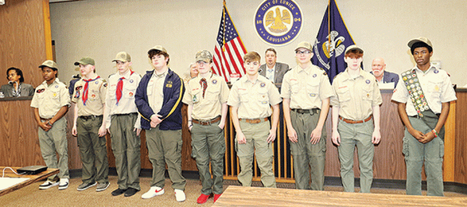 Boy Scout Troop 425 was recognized at the Feb. 14 Eunice Board of Aldermen meeting for its repair work at the Eunice Depot Museum. The scouts sealed the ramp and deck on Feb. 5. Scouts, from left, are Dreylan Babino, Caden Schoeffler, Jared Joyce, Noah LeJeune, Eli Manuel, Andrew Fontenot, Devan Joyce and Bryson Higginbotham. Scout Gage McGee was unable to attend the council meeting, but contributed significantly to the project, stated  Council Chair Matthew Schoeffler. Brandon McGee is the scoutmaster. Sho
