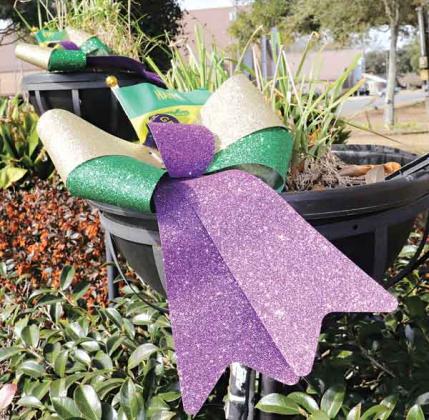 The decorations for Mardi Gras have been cropping up across Eunice for weeks as the city anticipates its first street party since 2019. This one is on Park Avenue at the Veterans Memorial on Wednesday morning. On Mardi Gras that area should be filled with people celebrating Mardi Gras. (Photo by Harlan Kirgan)