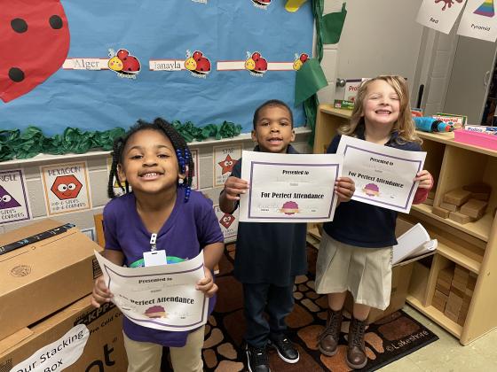 Michelle Guillory’s students at Highland were rewarded Perfect Attendance for the month of January. From left, are Sophie Geraci, Jason Soileau and London Freeman.