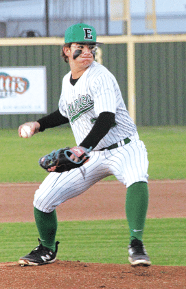 Eunice pitcher Aiden Lejeune fires in a pitch in Eunice’s 10-1 win over Mamou. The junior was solid in his win, going three innings. (Photo by Rhett Manuel)