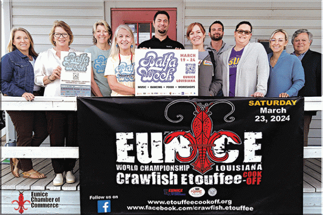 From left, are Deborah Eckholdt, Eunice Chamber Board member;  Susan Vigee, Eunice Chamber Board member; Jean Johnson, Louisiana Folk Roots treasurer;  Jeanne Solis, executive director Louisiana Folk Roots;  Jacob Bergeron, Eunice Chamber Board member; Bonnie Kyzar, Eunice Chamber Board member;  Broch Leger, Eunice Chamber vice president; Erika Fontenot, president; Kayla Heinen, Eunice Chamber executive director; and John Pucheu, Eunice Chamber Board member. (Submitted photo)