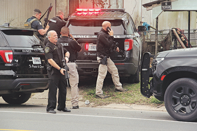 A Eunice man was the subject of a search of two residences in the 300 block of Aymond Street on Thursday morning. Eunice Police, Marshals and State Police were involved in the search. for Theobegi Levier, 30. (Photo by Harlan Kirgan)