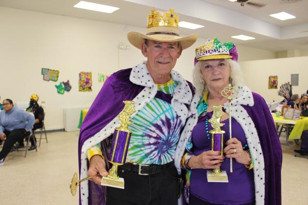 Winning King and Queen at the Council on Aging Mardi Gras dance were Wallace and Shirley Trahan of Port Barre. The emcee for the afternoon event was Eddie Thibodeaux with the St. Landry Parish Sheriff’s office.