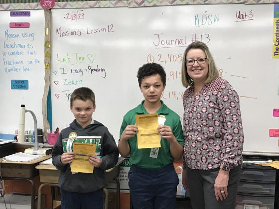Myria Ledet’s fourth grade students earned an AR award. From left, are Trevyn Smith, Kyler Thibodeaux and LaGrange.