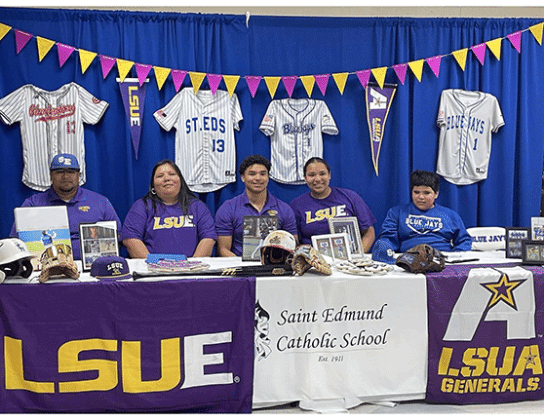 St. Edmund senior baseball player Marcus Gradney signs a letter of intent to play at LSU Eunice. Gradney is pictured with his immediate family. From left are Marcus Gradney Sr., Jill Gradney, Marcus Gradney Jr., Raegan Gradney and Marshall Gradney.