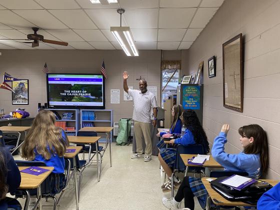 Chad Jones, institutional liaison officer at Louisiana State University Eunice, visited St. Edmund High School juniors recently
