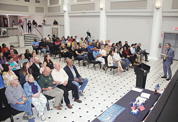 More than 200 people attended the annual meeting called by St. Landry Parish President Jessie Bellard to talk about parish government’s services and progress. The meeting was held at the Delta Grand Theatre in Opelousas on Tuesday. Bellard is standing at right. (Photos by Harlan Kirgan)