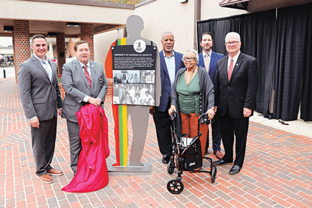 Photo 1: A new Louisiana Civil Rights Trail marker is unveiled on the University of Louisiana at Lafayette campus recognizing the Pillars of Progress. Pictured left to right are Lafayette Mayor-President Josh Guillory, Lieutenant Governor Billy Nungesser, State Senator Gerald Boudreaux, Joyce Constantine Henson (sister of Clara Dell Constantine), Lafayette Travel President &amp; CEO Ben Berthelot, and University of Louisiana at Lafayette President Dr. Joseph Savoie. (Photo credit: Office of Lieutenant Governor