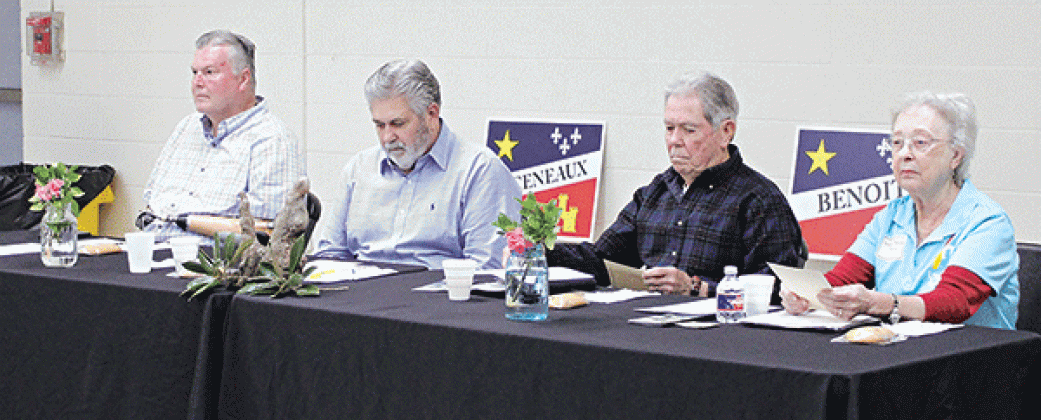 Leading discussions and planning for the planning meeting/working breakfast held by Louisiane Acadie, Inc., on Feb. 29, at the Mural Room of the Rayne Civic Center Complex were, from left, John Broussard, Randy Menard, Michael Vincent and Gayle Breaux Smith. (Rayne Acadian-Tribune photo by Lisa Soileaux)