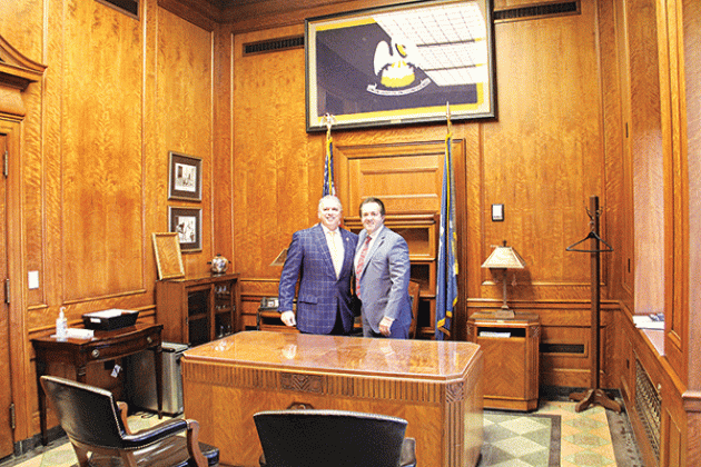State Rep. Phillip DeVillier, right, is in the House Speaker’s office with outgoing speaker Clay Schexnayder on Jan. 8. The photo was taken before DeVillier took his oath as House Speaker. On Monday, DeVillier will preside over his first regular session as Speaker. He has presided over two special sessions. (Photo by Harlan Kirgan)