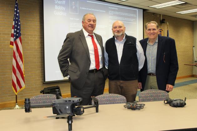 Drones are used by St. Landry Parish Sheriff, and several of the drones were shown Wednesday at the Eunice Rotary Club meeting. From left are St. Landry Parish Sheriff Bobby Guidroz, Shane Garrard, CIO with St. Landry Parish Sheriff; and Mike Leger, Attorney for the sheriff. (Photos by Myra Miller)