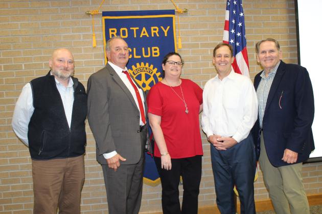 St. Landry Parish Sheriff Bobby Guidroz was the guest speaker and guest of Rotarian Drake Aguillard at the meeting on Wednesday. From left are Shane Garrard, Guidroz; Erika Fontenot, president of Rotary; Aguillard; and Mike Leger.